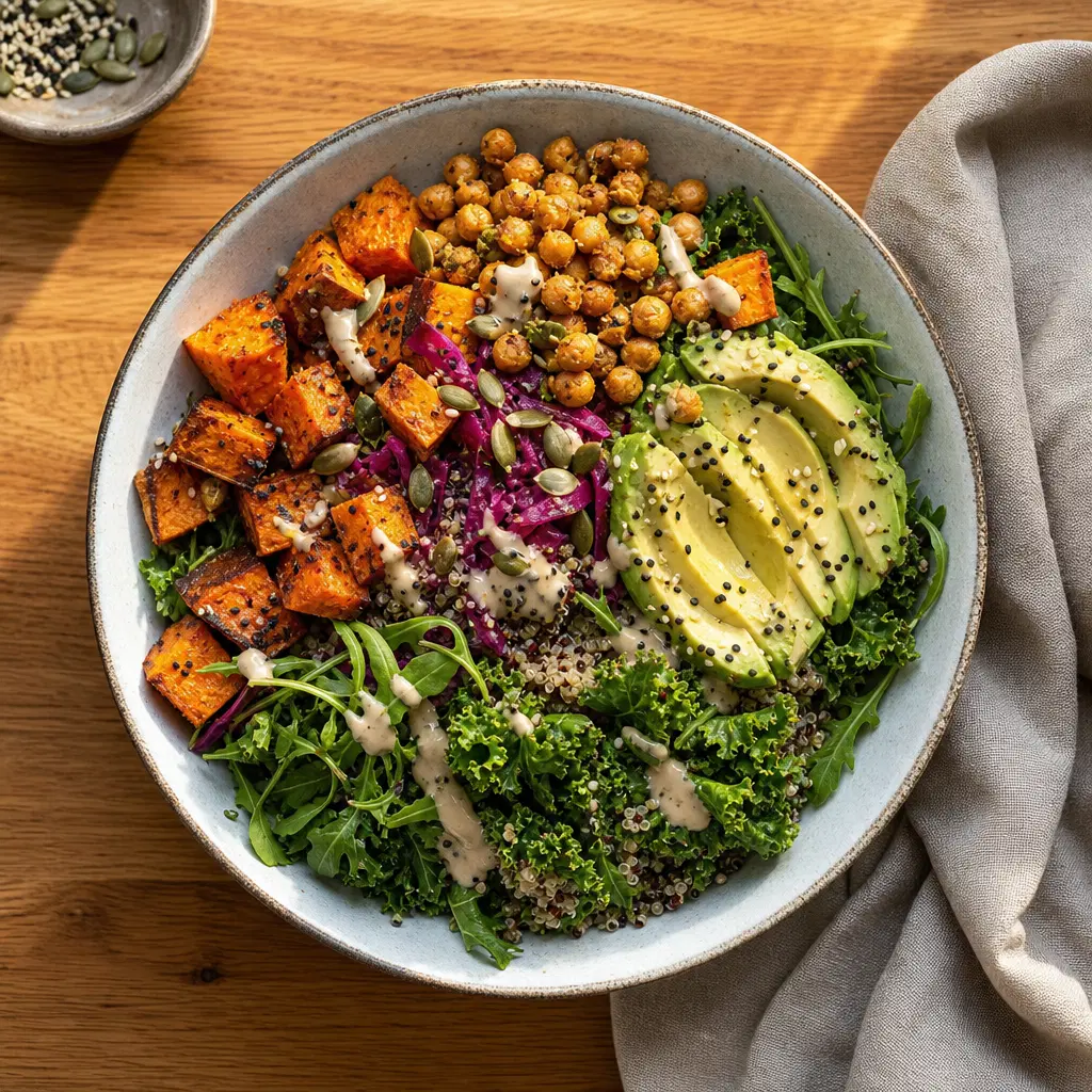 A colorful grain bowl with roasted vegetables, avocado, and tahini on an oak table