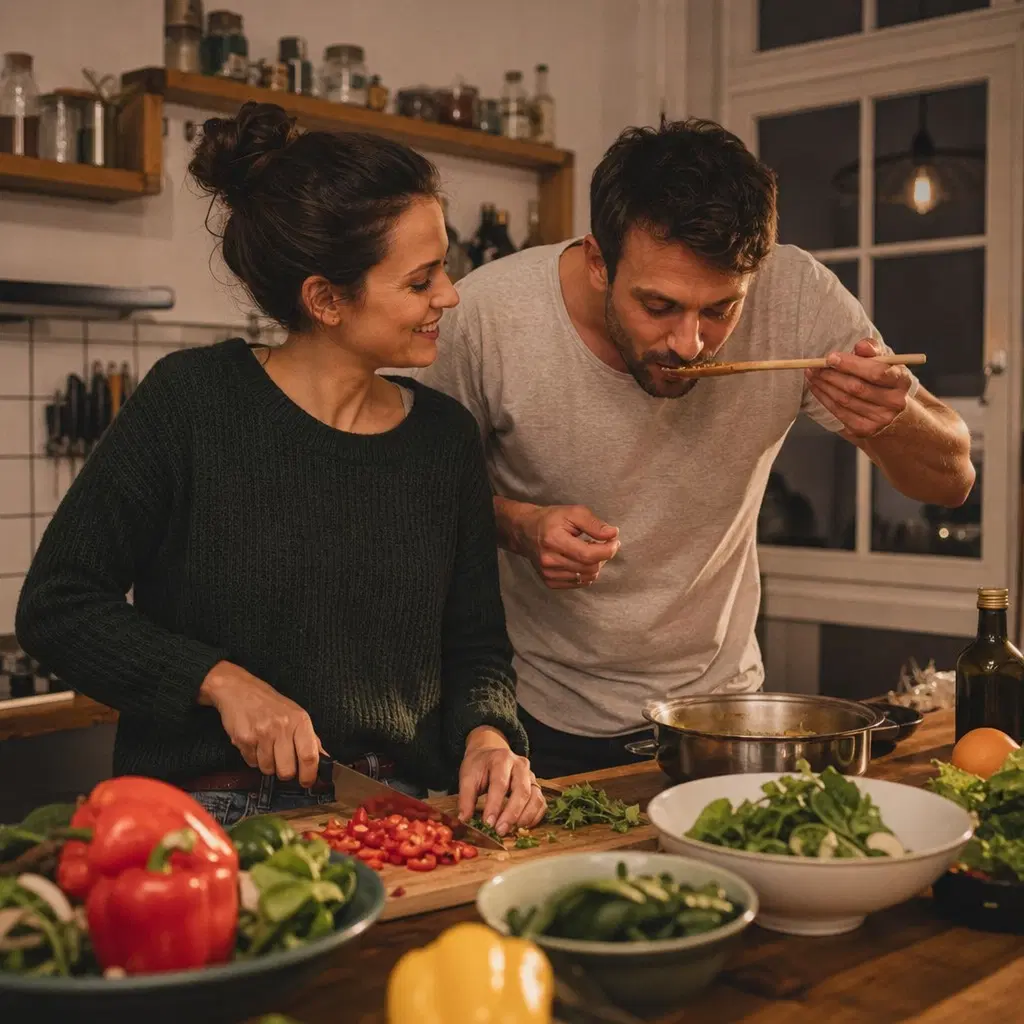 A couple cooking together in a warm kitchen, one chopping vegetables while the other tastes from a pan
