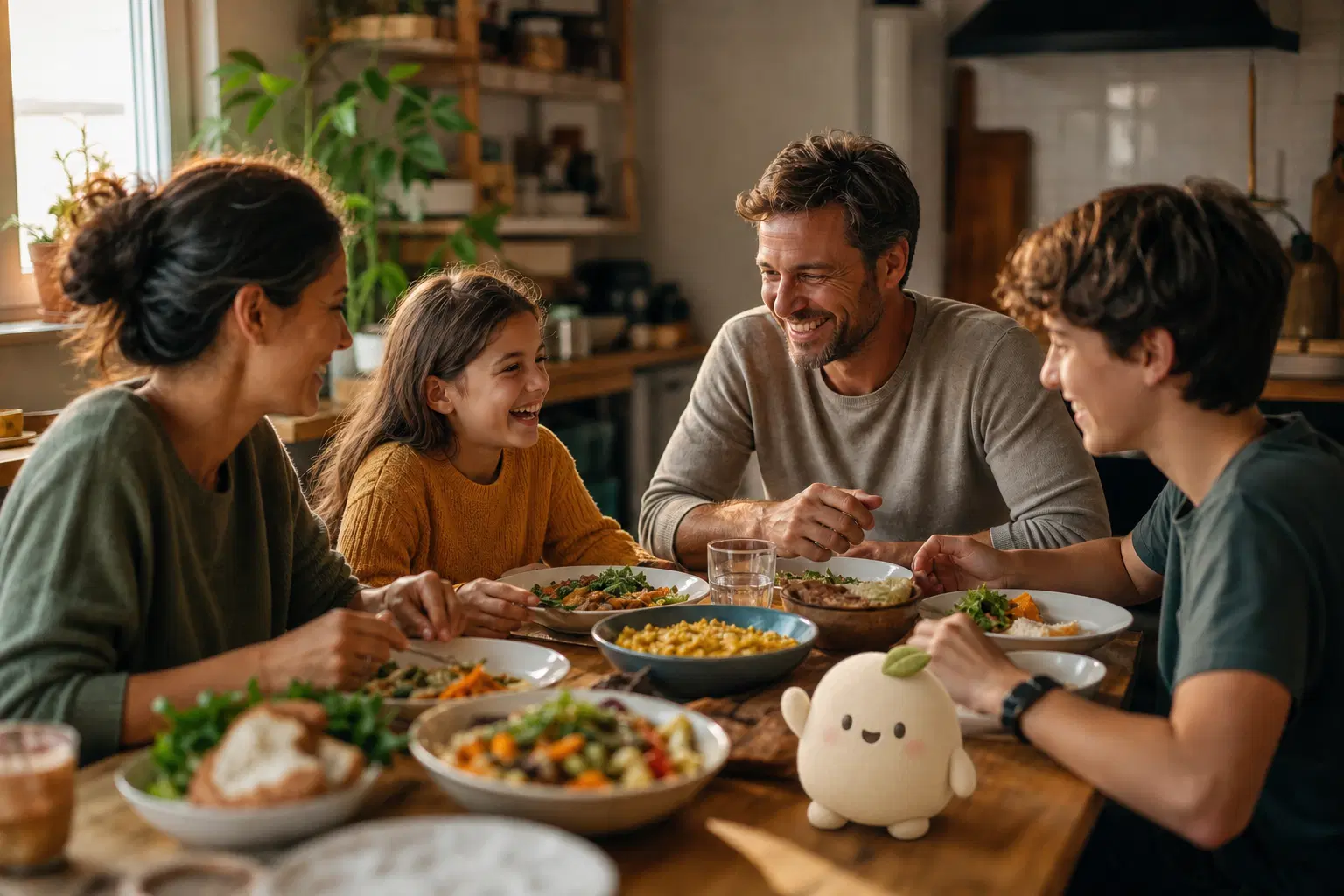 A family of four laughing over dinner at a wooden table, with a plush Mochi mascot sitting among the dishes