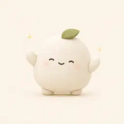 Mochi smiling with both arms raised, surrounded by small sparkles