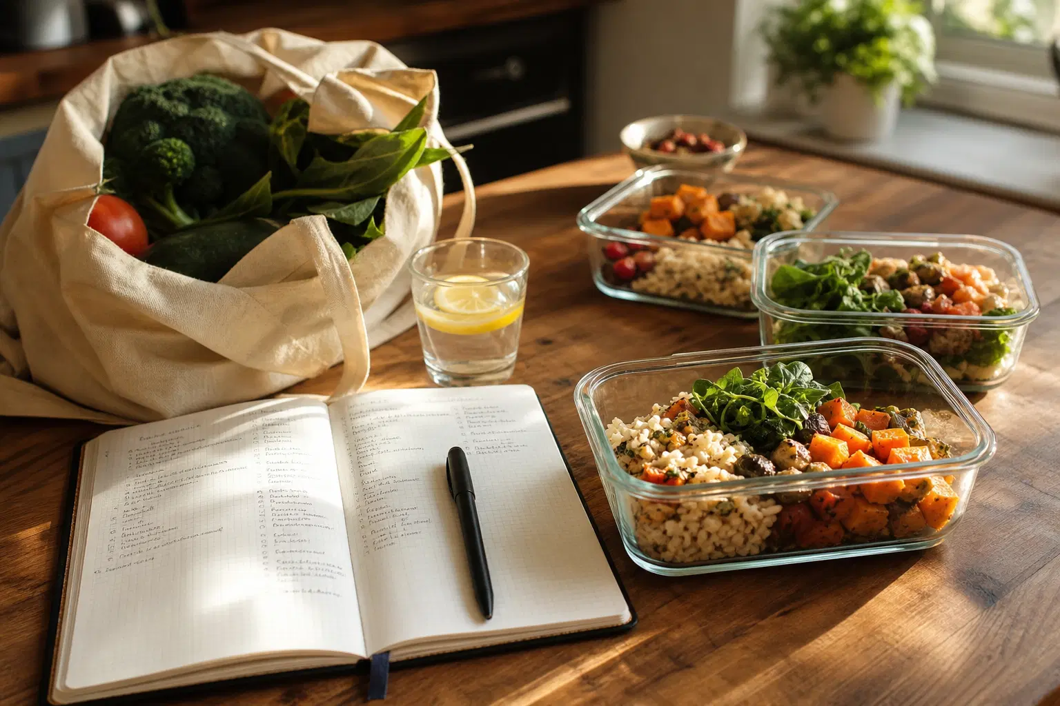A kitchen counter with fresh vegetables, glass meal-prep containers, and a handwritten grocery list